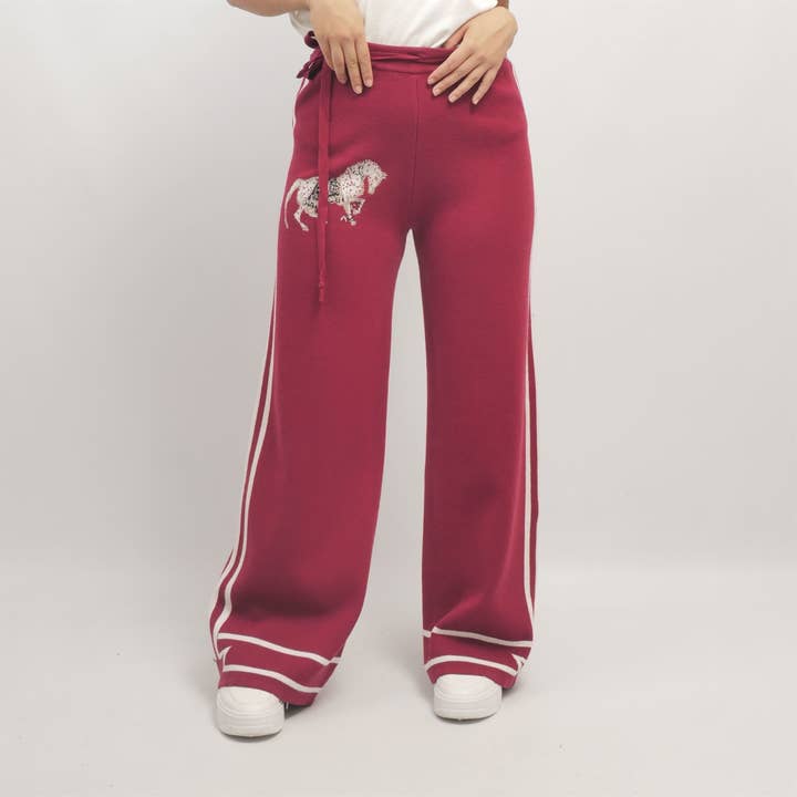 Wide pants with embroidered horse and elastic waistband MSJ76919 for wholesale by Cecile Wang