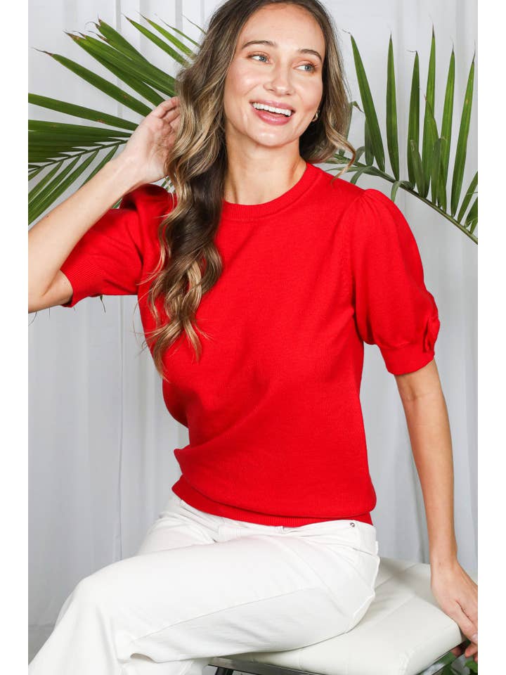 Vine & Love - Vente Haut en maille – femme - Haut en tricot à col rond avec manches bouffantes et nœud décoratif VT826704