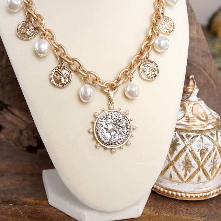 PennyLine inc - Wholesale Pendant/Charm Necklace - Boho Coin and Pearl Charms Statement Necklace – Gold and Silver Tone