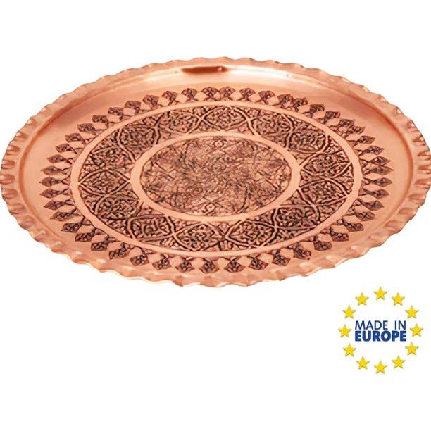 Hakan - Wholesale Serving Tray - Handmade Vintage Round Ottoman Hammered Copper Tray 13.4 in