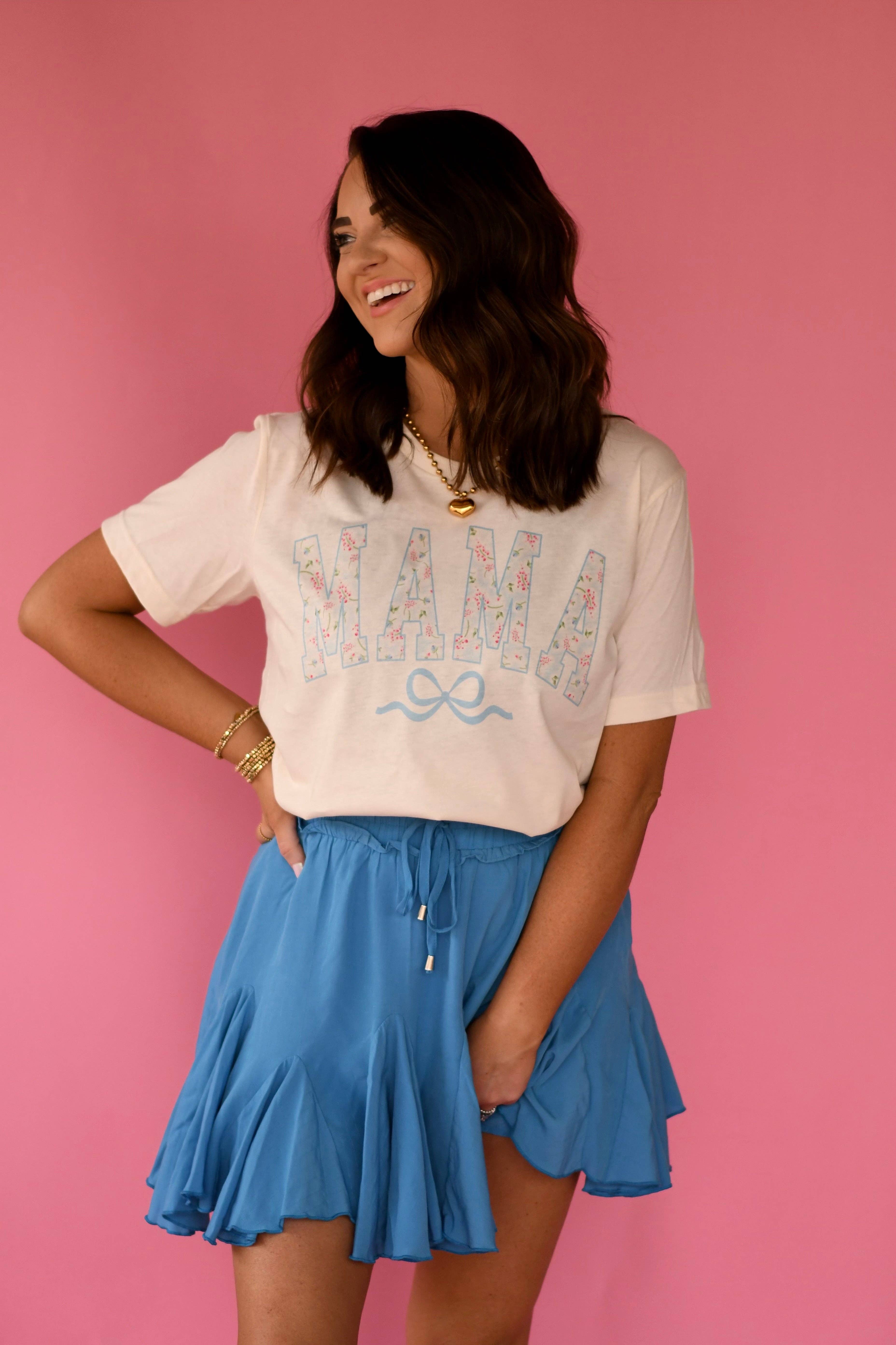 Natural Blue Floral Mama Bow Tee for wholesale on Faire0