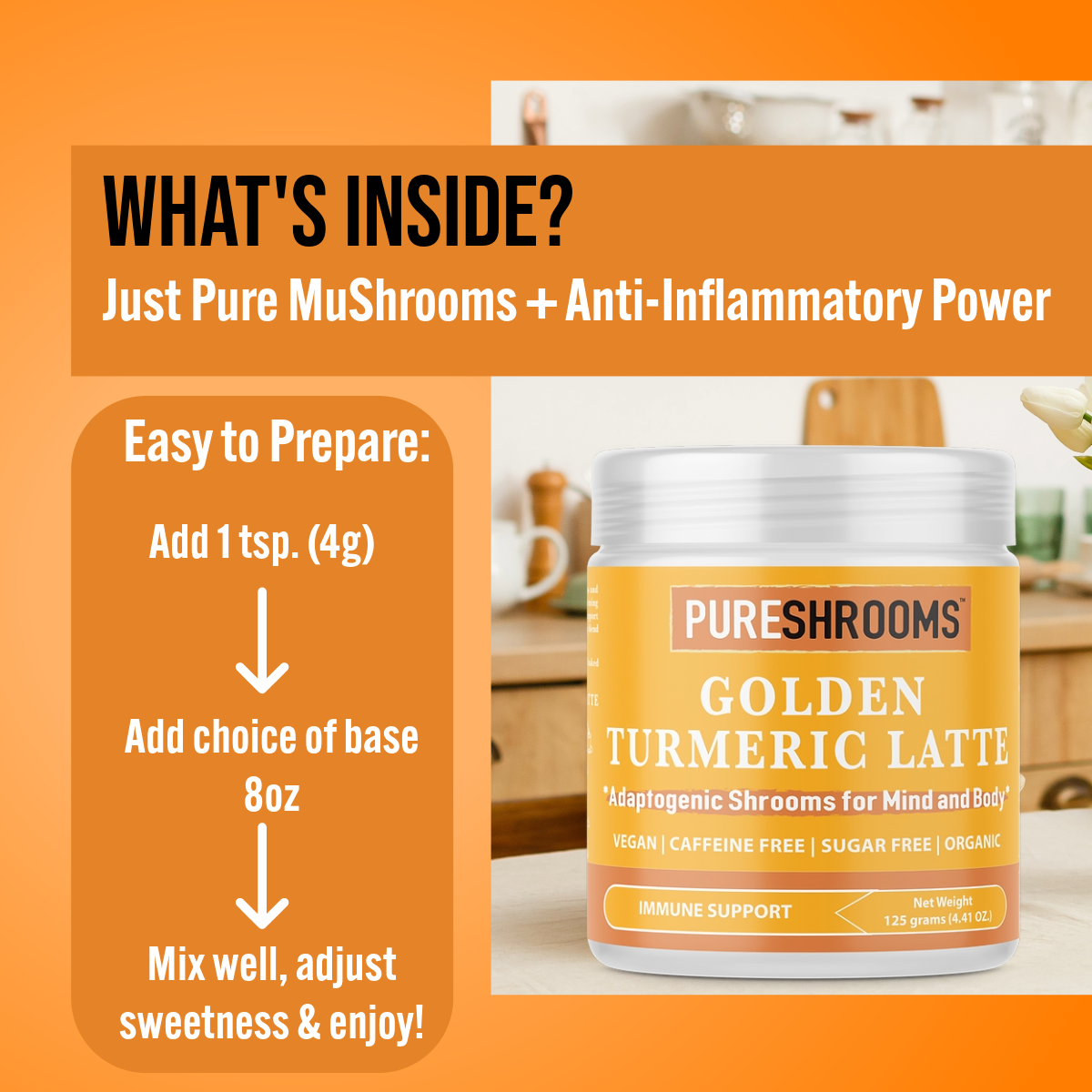 PureShrooms Inc. – wholesale Hälsoté/Detoxté – PureShrooms Gurkmeja Latte m/ Svartpeppar 30 Portioner4