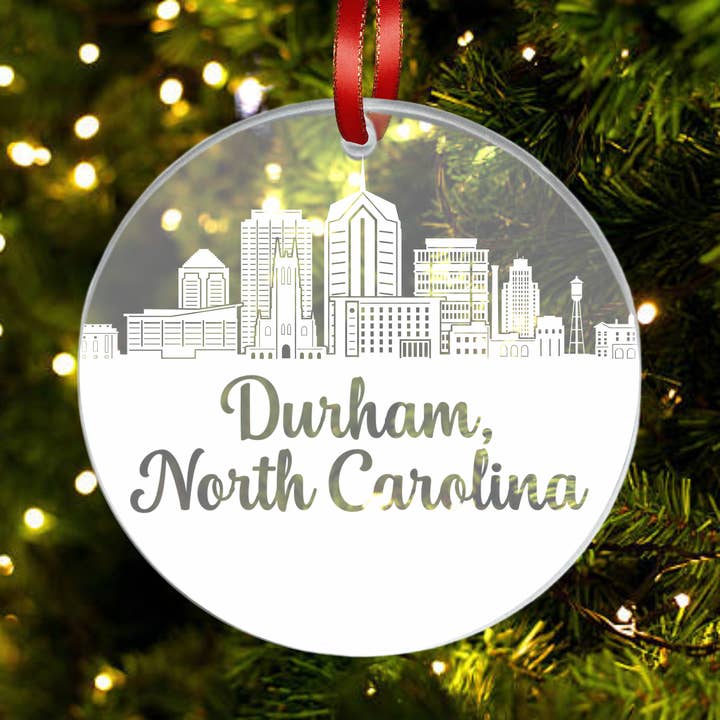 Durham NC - Engraved Skyline - Acrylic Christmas Ornament for wholesale by Blue Ridge Mountain Gifts