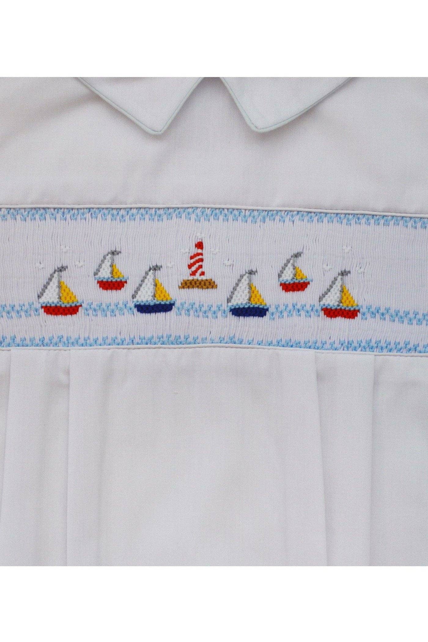 Julius Berger & Carriage Boutique - Wholesale Romper - Kids - Baby Boys Hand Smocked Classic Creeper - White Mini Sail Boa1