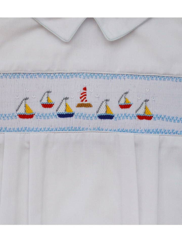 Julius Berger & Carriage Boutique - Wholesale Romper – Child - Baby Boys Hand Smocked Classic Creeper - White Mini Sail Boa1