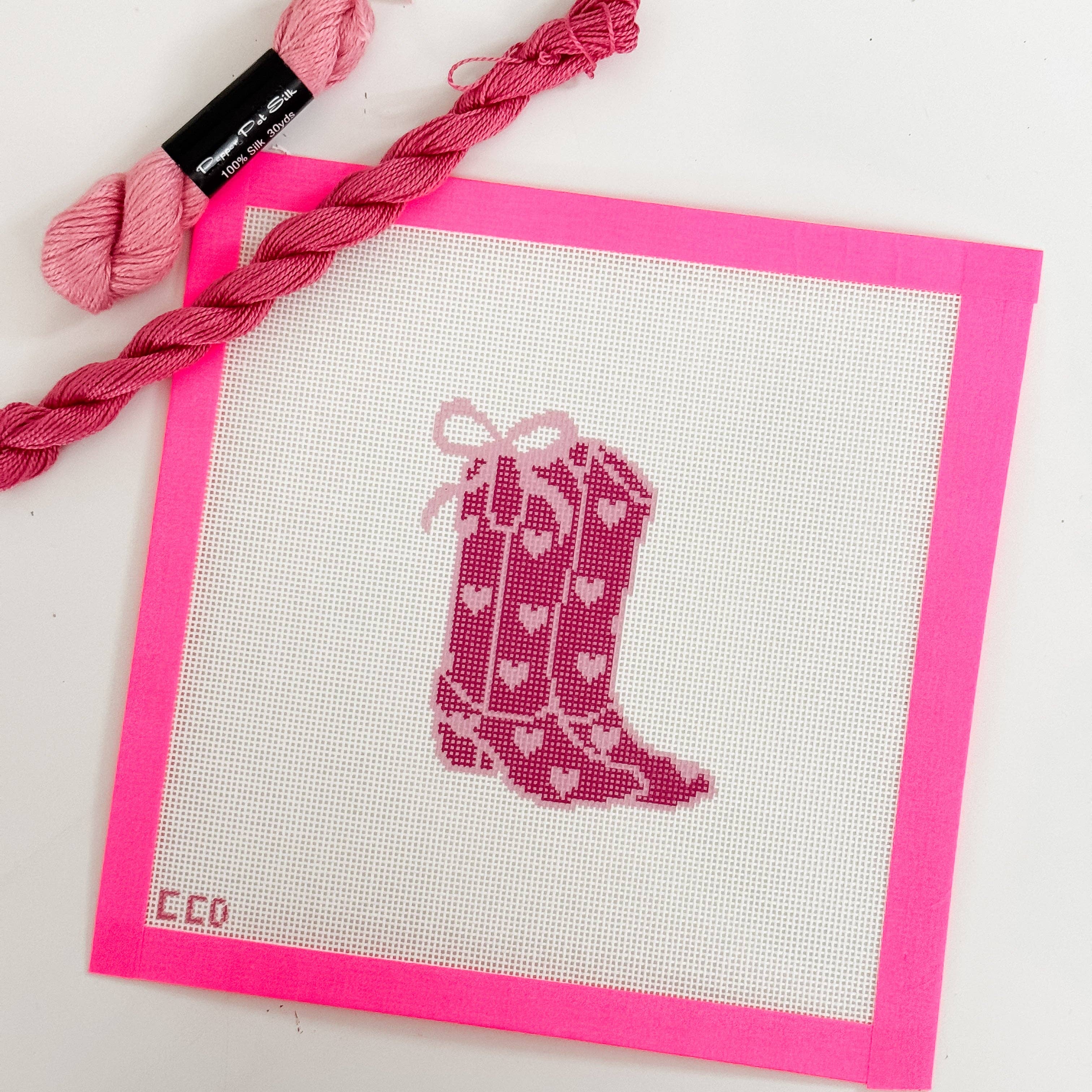 Cotswold Co Designs - Wholesale Embroidery/Cross Stitch Supplies - Hand-Painted Heart Coquette Cowgirl Boot Needlepoint Canvas | 4” Design | 18 Mesh Southern-Inspired Design5