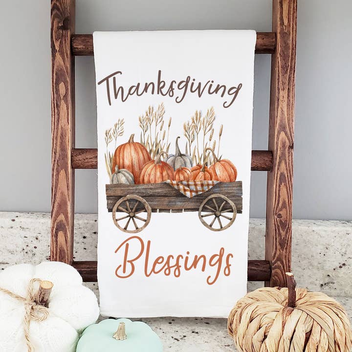 Cotton Tea towel | fall tea towel | Thanksgiving Blessings pumpkins dish towel | autumn pumpkins tea towel for wholesale by ZA Handmade Wholesale