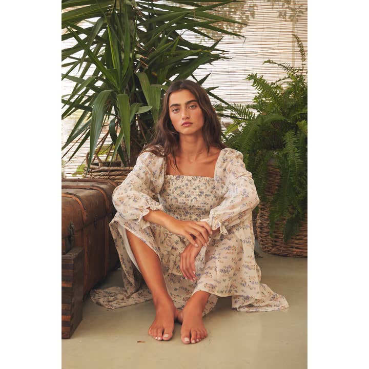 CREAM MULTI FLORAL PRINT SMOKED TIERED MIDI DRESS for wholesale on Faire