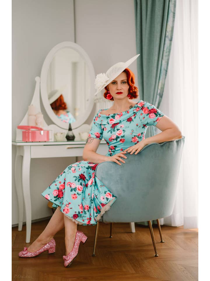 Dolly & Dotty - Wholesale Dress - Women's - 50s Style Rose Floral Off Shoulder Swing Dress in Aqua Blue