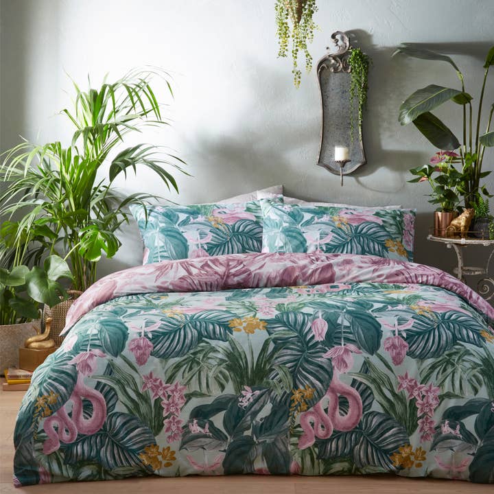 Mint Lilac Medinilla Tropical Duvet Cover Set Mint/Lilac for wholesale on Faire1
