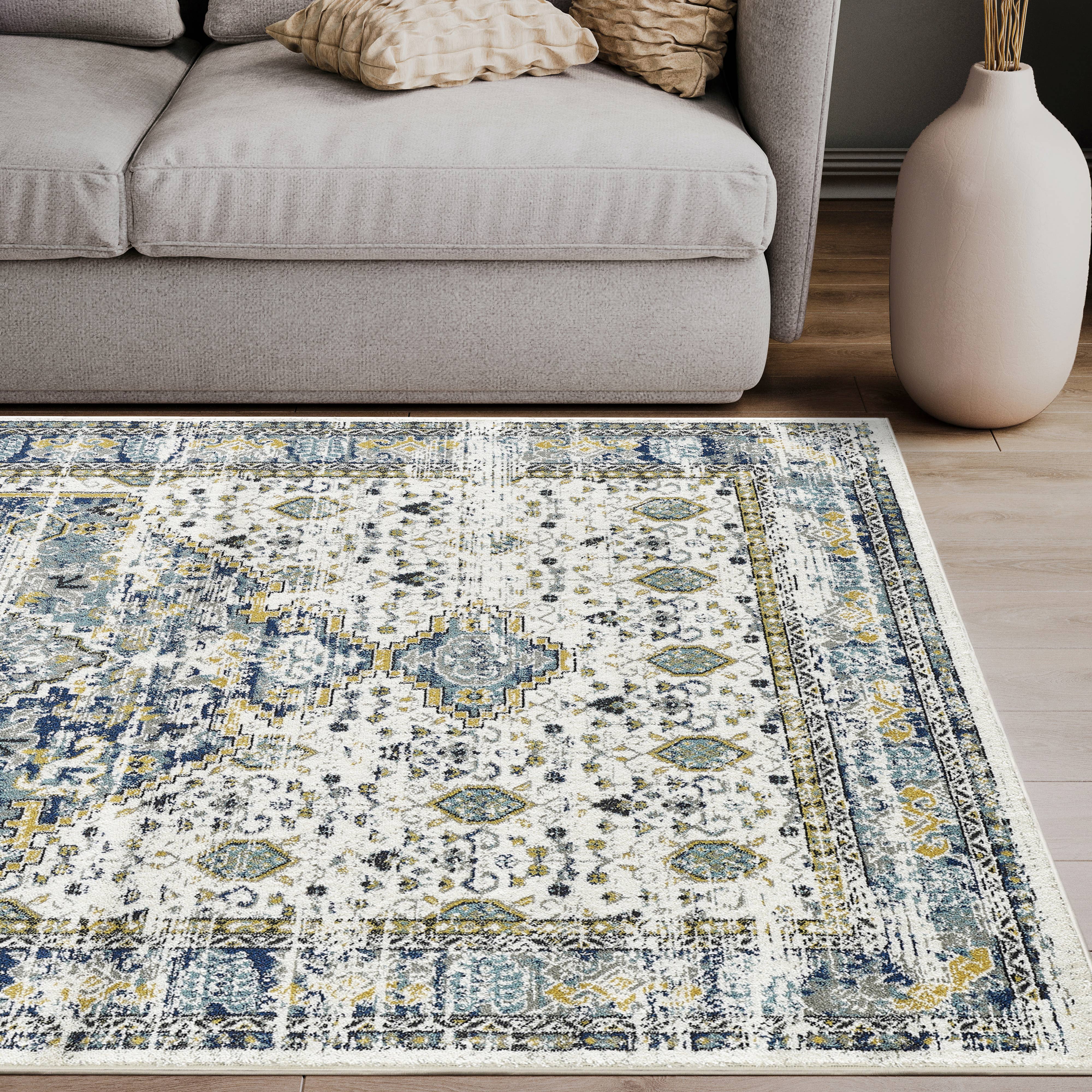 Abani Rugs - Wholesale Area Rug - Abani Porto Traditional Medallion Blue and Ivory Area Rug2