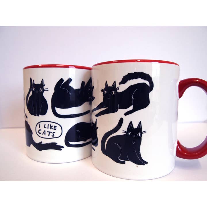 I LIKE CATS - Wholesale Coffee mug - Black Cats Coffee Mug, red handle, illustrated mug1