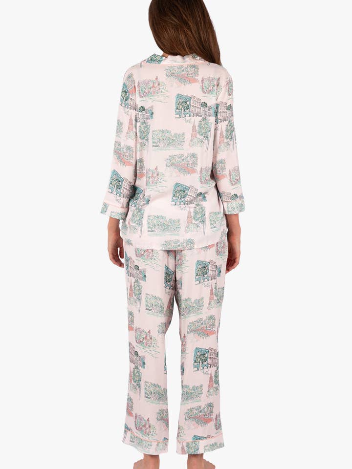 Imbali Charleston - Wholesale Sleepwear Set - Women's - Charleston Scene Pink 3/4 Pajama Set