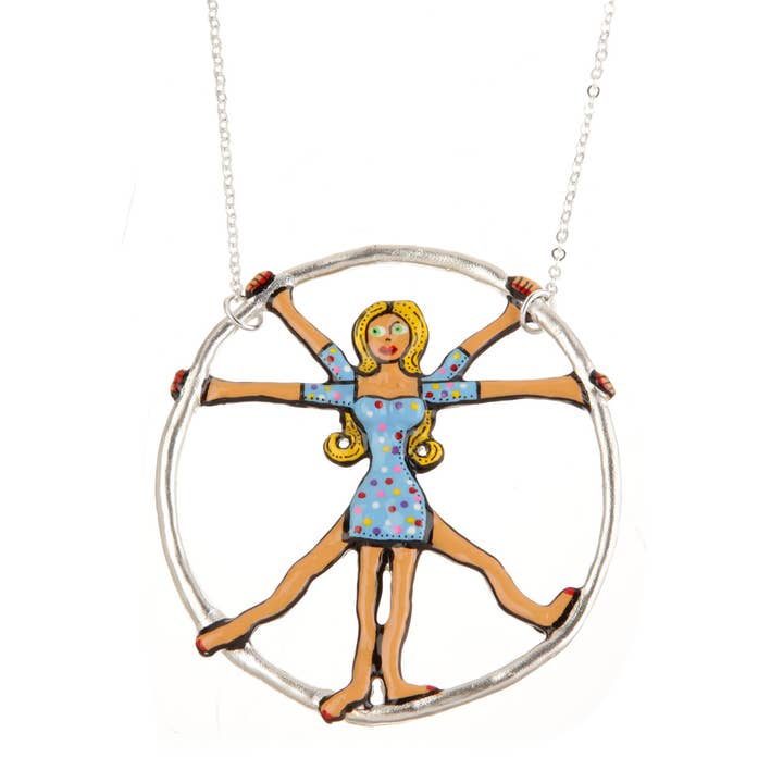 Collana «Donna vitruviana in abito blu» per la vendita all'ingrosso da parte di LOUP GAROU BIJOUX