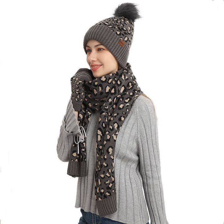 ShieldChic - Wholesale Winter Accessory Set - Women's - Leopard Print Warm Wool Hat Scarf Gloves Three-Piece Set7