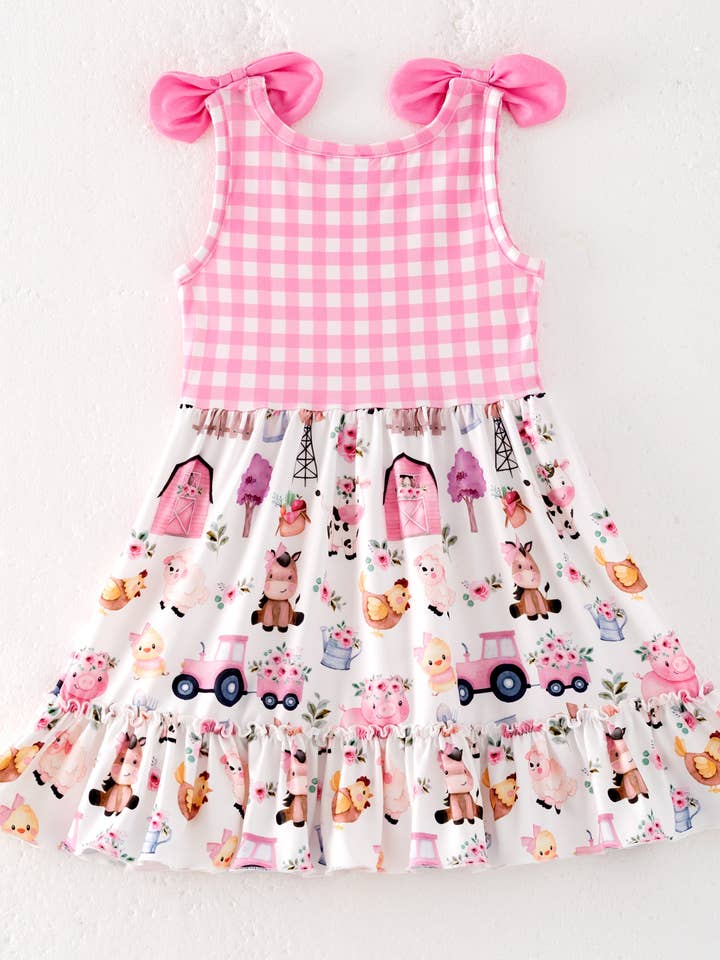 Auraquise - Wholesale Dress - Kids - Girls Summer Pink Plaid Farm Print Dress