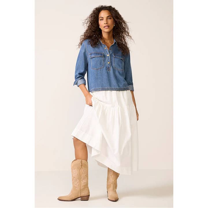 Camisola Casual de Ganga com Gola Polo e Decote em V por atacado de Paperdoll