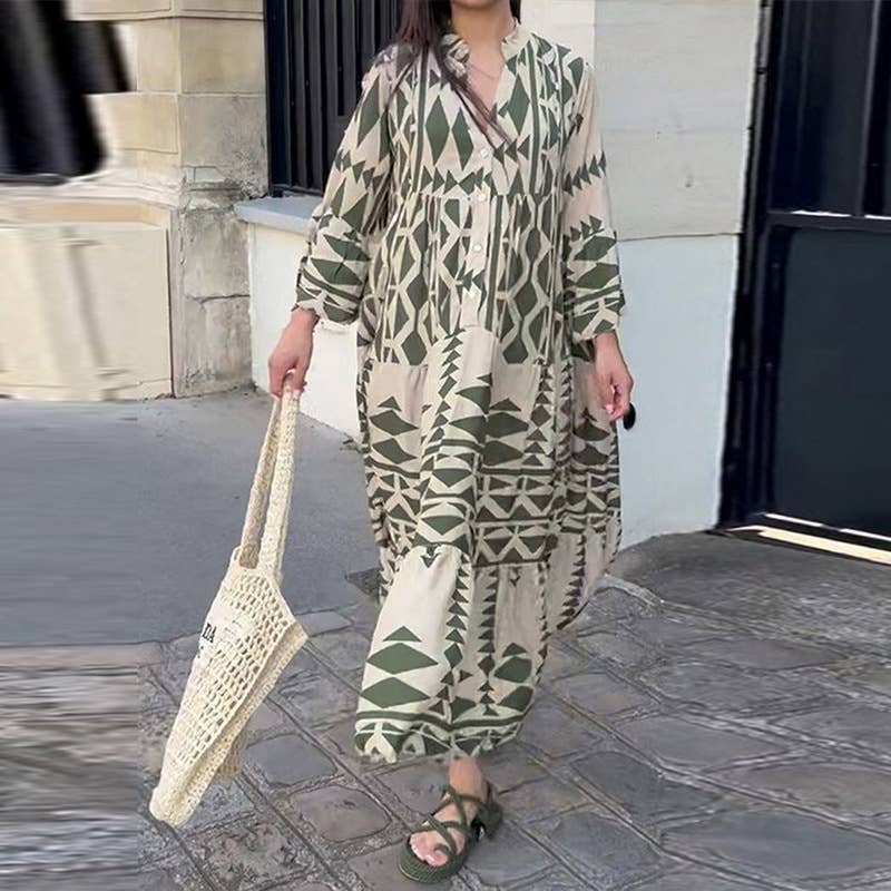 UNISHE - Wholesale Dress - Women's - V Neck Button Printing Maxi Dress ZK8783