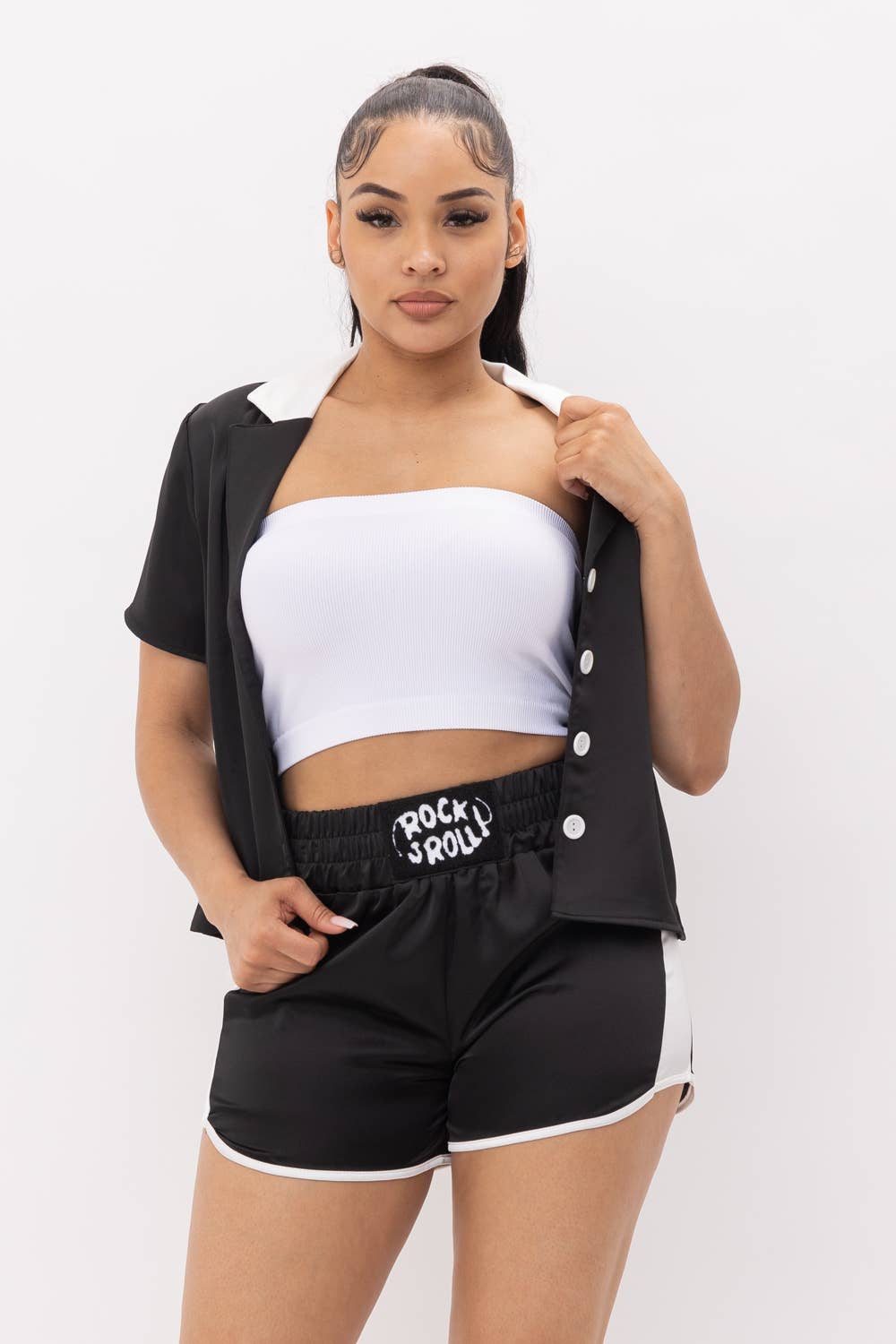 Julia by LoveJ – wholesale Set med topp och shorts – Dam – Button Down kontrast topp och främre Rock & Roll Shorts Set22