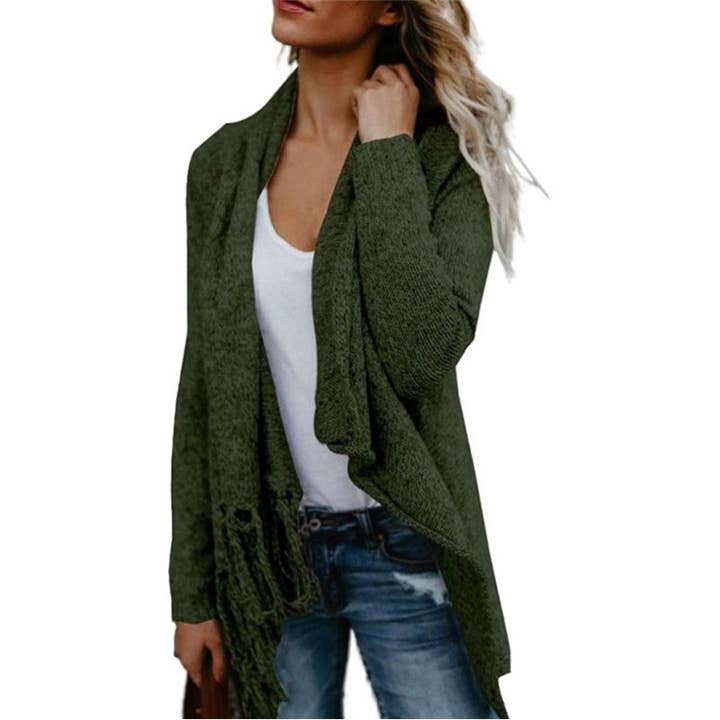 Mirazshoes WholeSale – wholesale Cardigan – Women’s – Long Sleeves Solid Color Tassel Loose Knitted Cardigan Outerwear
