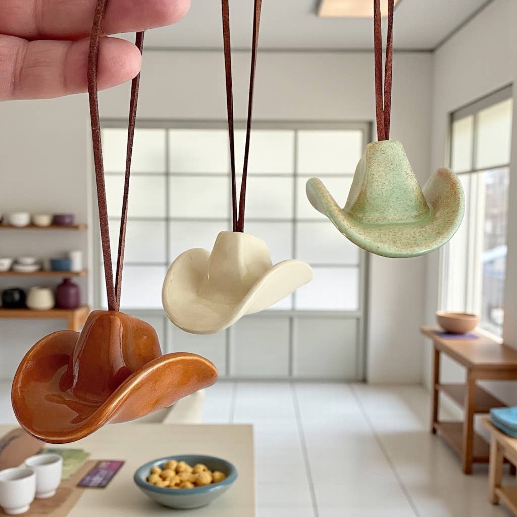 Mudpuppy Ceramic Studio – wholesale Prydnad – Keramisk cowboyhattprydnad — sadelbrun6