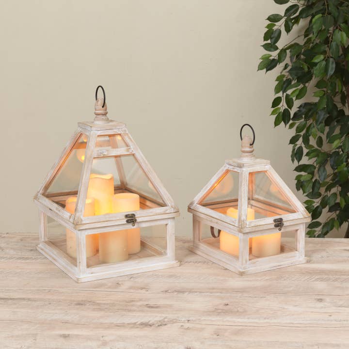 Discount S/2 Nesting Wood & Glass Lanterns, Lg is 16.75"H for wholesale by The Gerson Companies