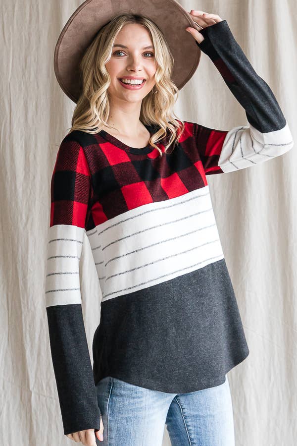 7th Ray - Wholesale Knit Top - Women's - Cozy Color Block Plaid Striped Thumbhole Pullover TopT4423-116