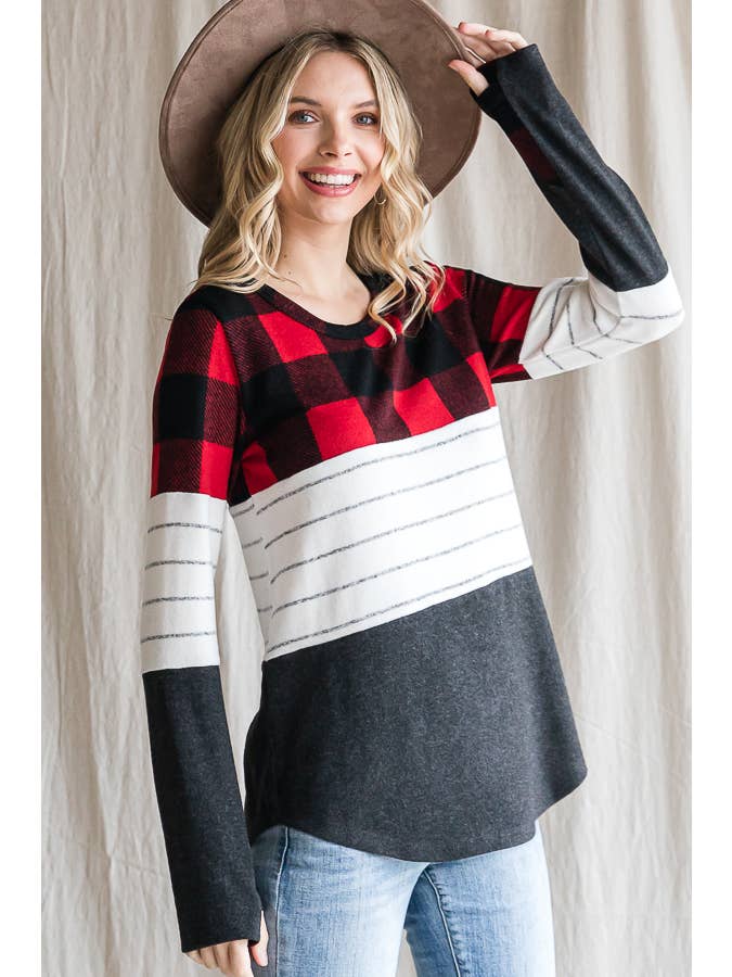 7th Ray - Wholesale Knit Top - Women's - Cozy Color Block Plaid Striped Thumbhole Pullover TopT4423-116