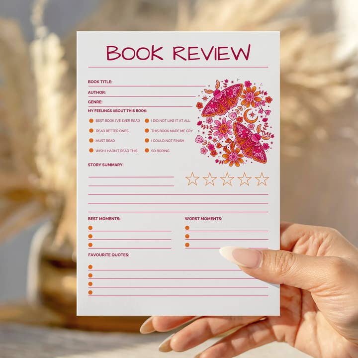 Pink Moth Book Review Notepad for wholesale by Peachi Lane