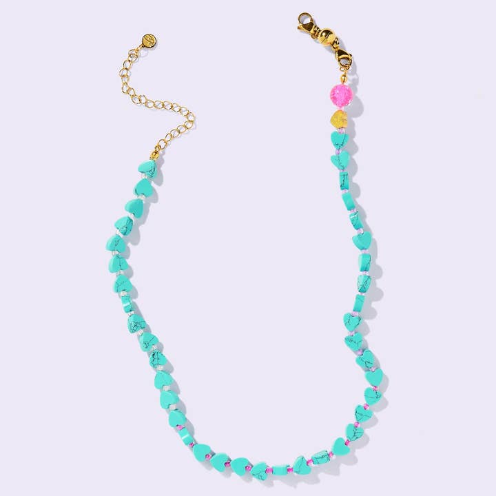 Collar de cuentas - Corazones de turquesa jaspeada + Rosa - Janey para venta al por mayor de Taylor Elliott Designs