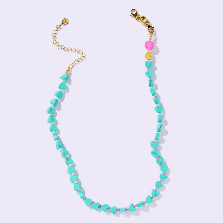 Beaded Necklace - Marbled Turquoise Hearts + Pink - Janey for wholesale by Taylor Elliott Designs