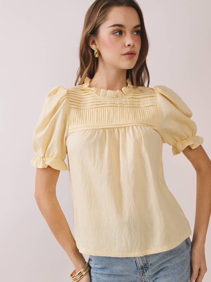 CT9787-Pleated Yoke Detail Ruffled Neckline Blouse for wholesale by TCEC