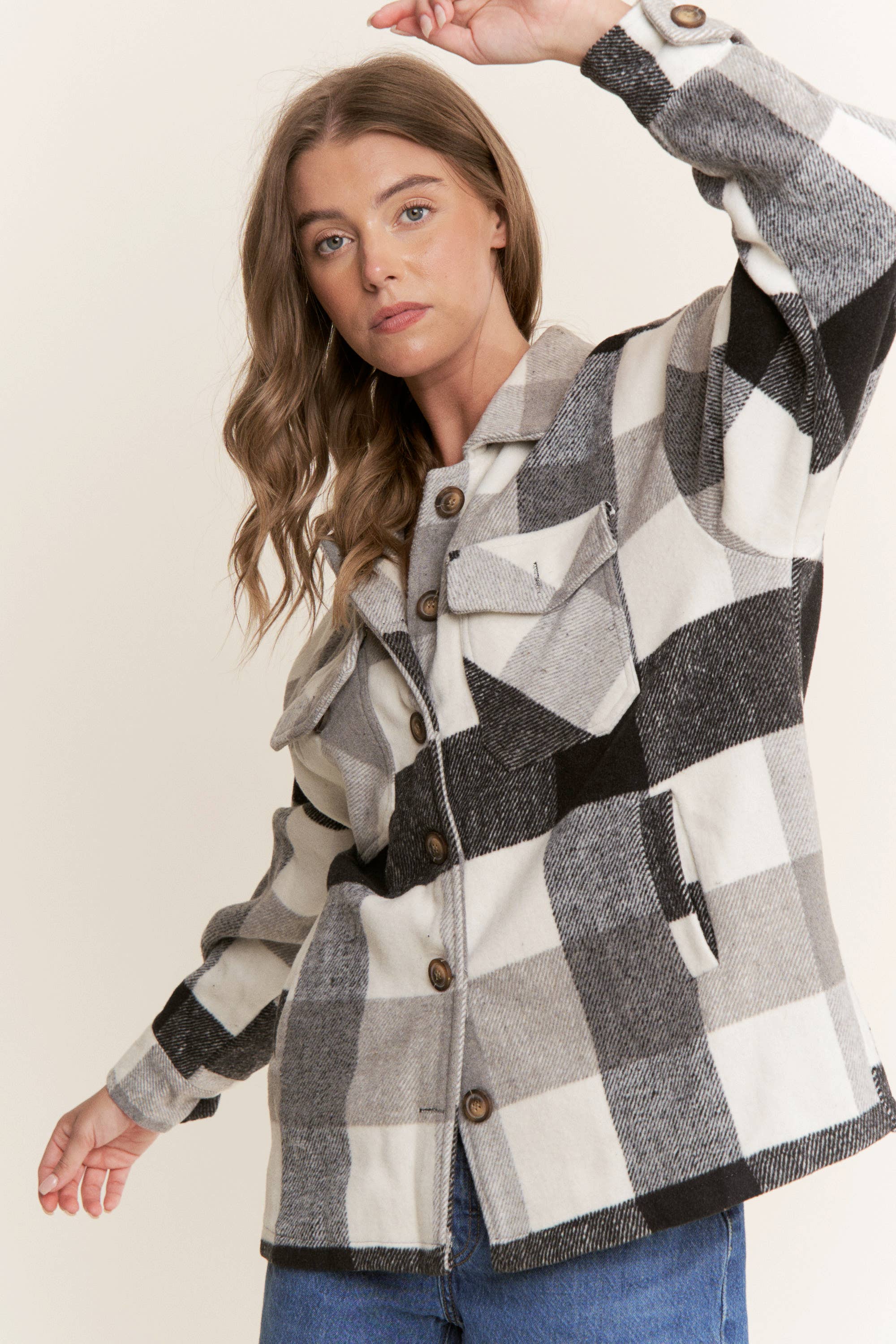 Sweet Generis - Wholesale Shirt Jacket/Shacket - Women's - FUZZY PLAID BUTTON DOWN FLANNEL SHIRT JACKET22
