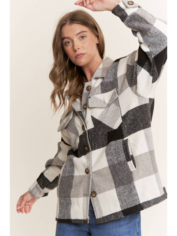 Sweet Generis – wholesale Shirt Jacket/Shacket - Women’s – FUZZY PLAID BUTTON DOWN FLANNEL SHIRT JACKET22