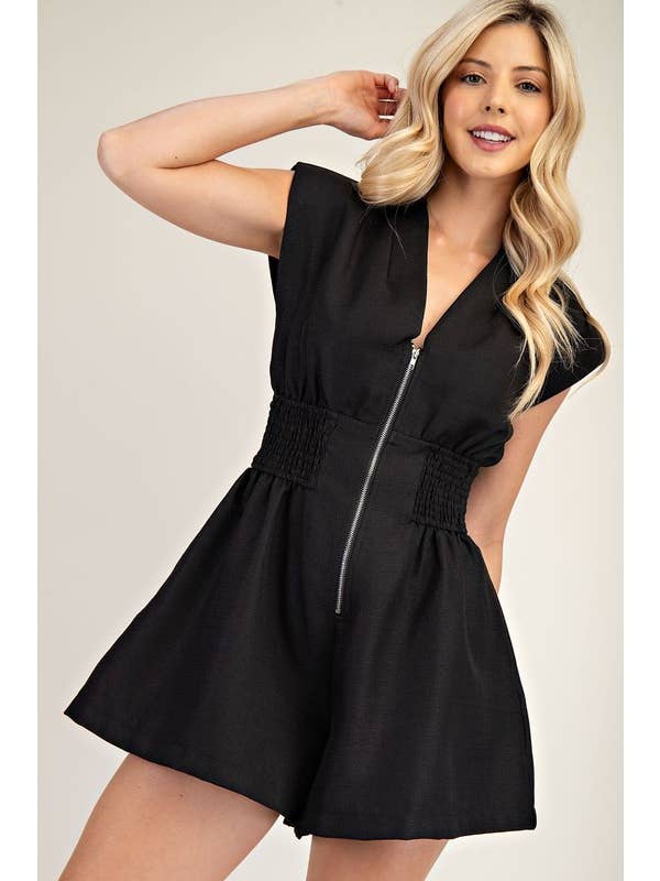 Glam - Wholesale Romper - Women's - V-Neck Shoulder Padded Romper