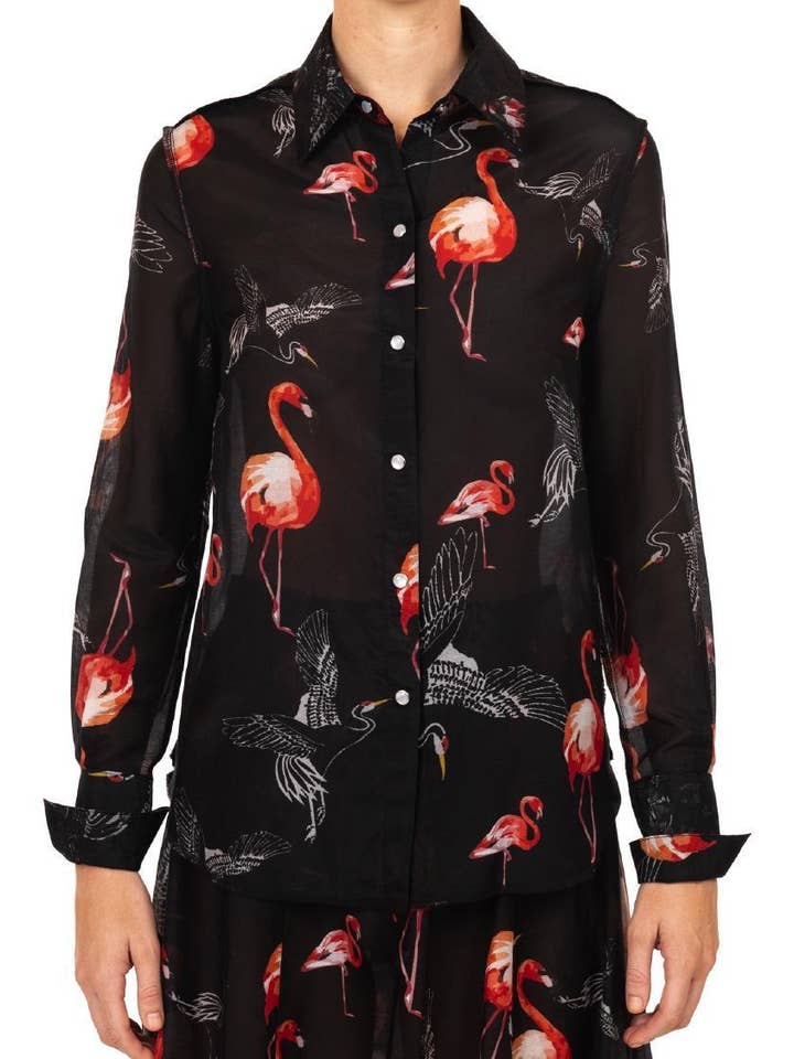 Franky Pink Flamingo På Sort L/S Skjorte for engroshandel hos Ears Of Buddha