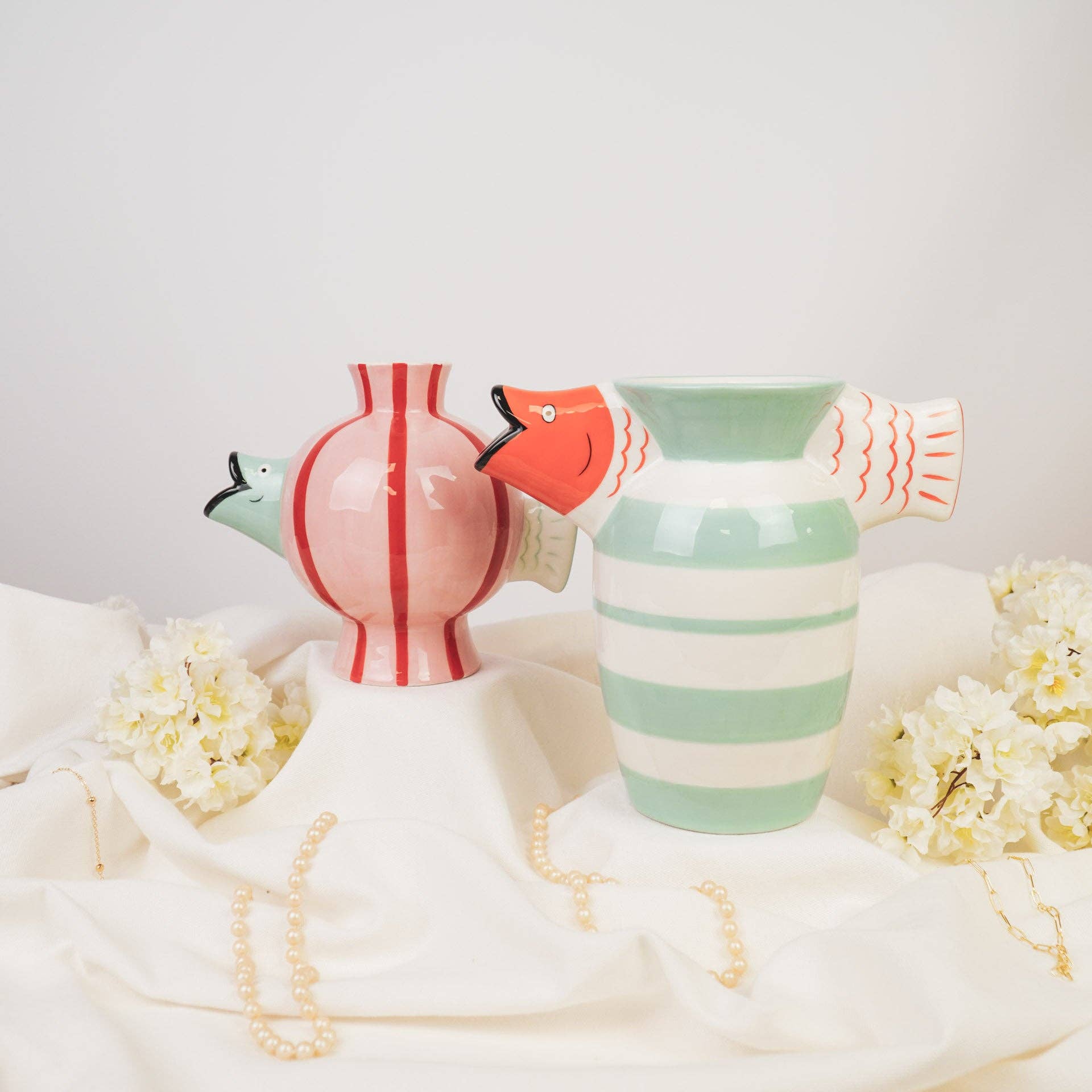 Housevitamin bv - Wholesale Vase - Vase - Fish- Dolomite -Mint/White/Orange -23x12.5x21cm6