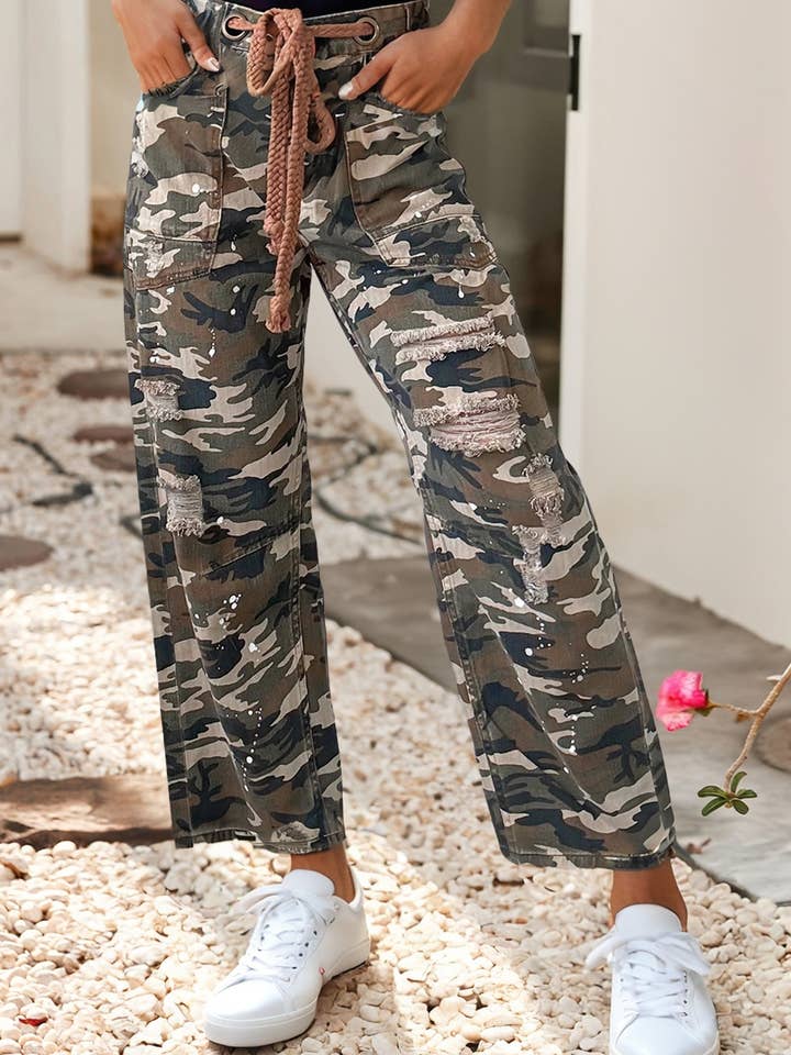 LDC Camouflage Print Splashed Distressed Loose Denim Pants for wholesale by Little Daisy Closet