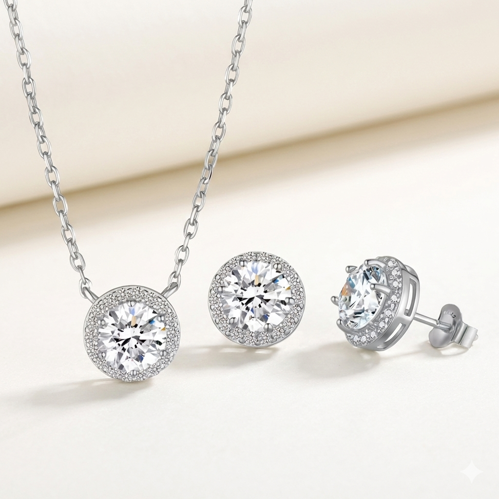 Everly Yours - Wholesale Jewelry Set - 1CT 0.5 CT Moissanite Halo Earrings & Necklace Jewelry Set1