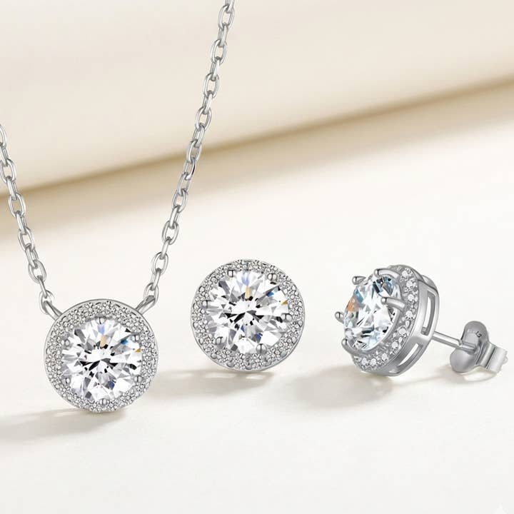 Everly Yours - Wholesale Jewelry Set - 1CT 0.5 CT Moissanite Halo Earrings & Necklace Jewelry Set1