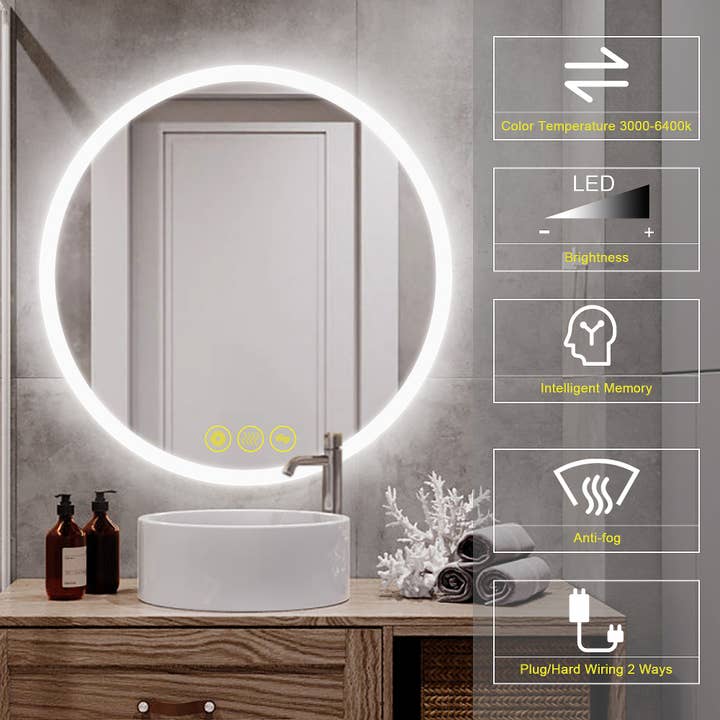 Brio Lighting - Wholesale Bathroom Mirror - 28" Round LED Dimmable Anti-Fog Frameless Bathroom Mirror1
