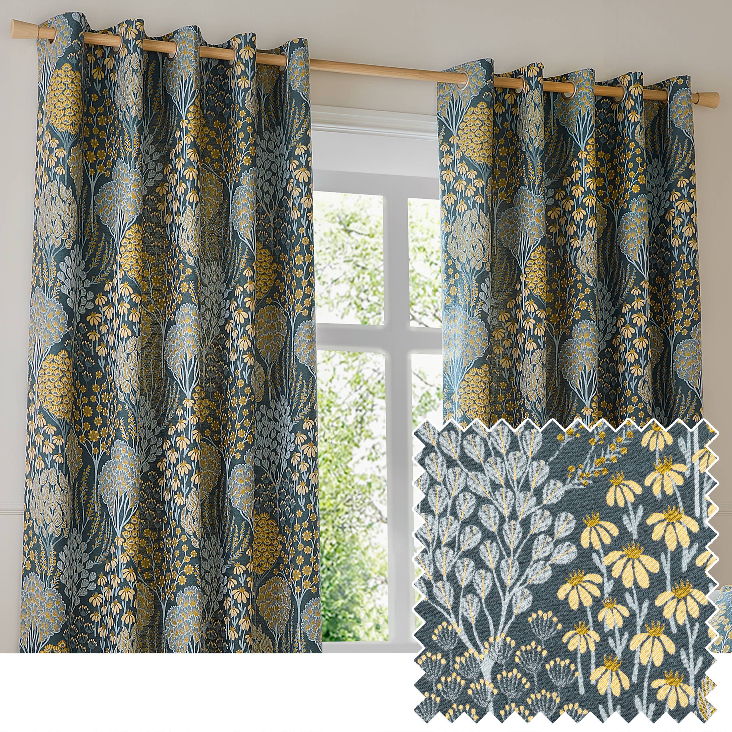 Blue Saffron Ophelia Jacquard Room Darkening Eyelet Curtains Blue/Saffron for wholesale on Faire0