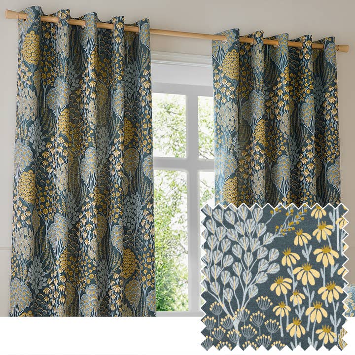 Blue Saffron Ophelia Jacquard Room Darkening Eyelet Curtains Blue/Saffron for wholesale on Faire