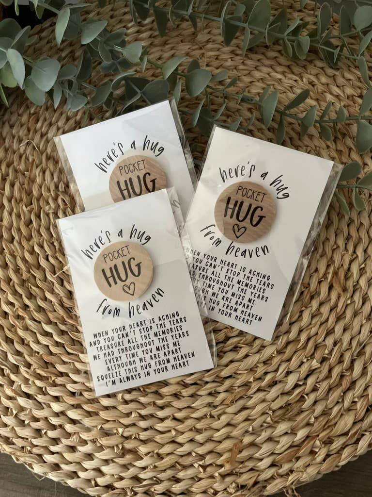 Handmade by Hammero - Wholesale Keepsake Coin/Token - Pocket Hug from Heaven - Wood Engraved Token1