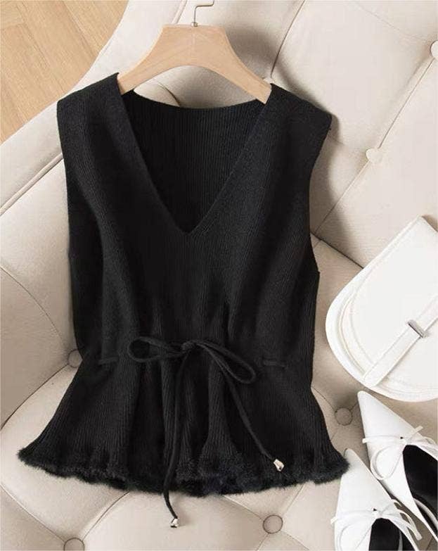 Sweetkama - Wholesale Knit Top - Women's - V-Neck Flounce Waist Tie Women Knit Vest 7771