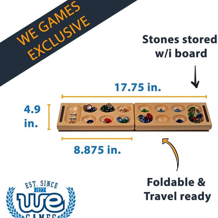 Wood Expressions - Wholesale Board Game - Solid Wood Folding Mancala with Glass Stones - 18 in.