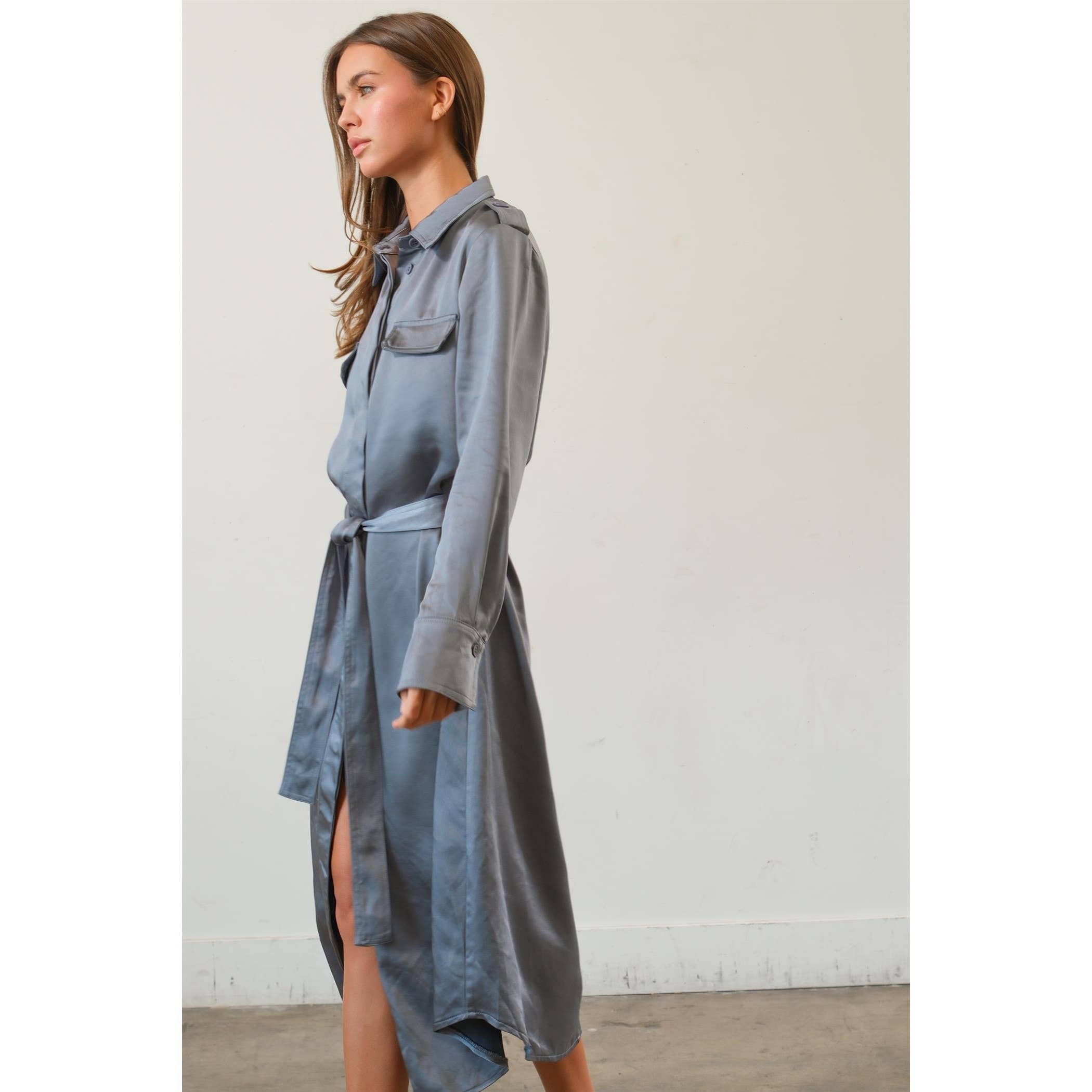 HYFVE – Engroshandel Kjole - Dame – Mat satinbæltet midi-skjortekjole16