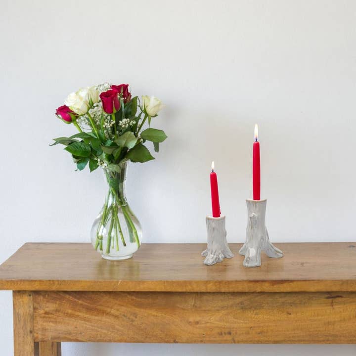 WHITE Rustic Tree Branch Ceramic Candle Holders - Set of 2 Gray Glazed Candlesticks for Farmhouse and Mode for wholesale on Faire