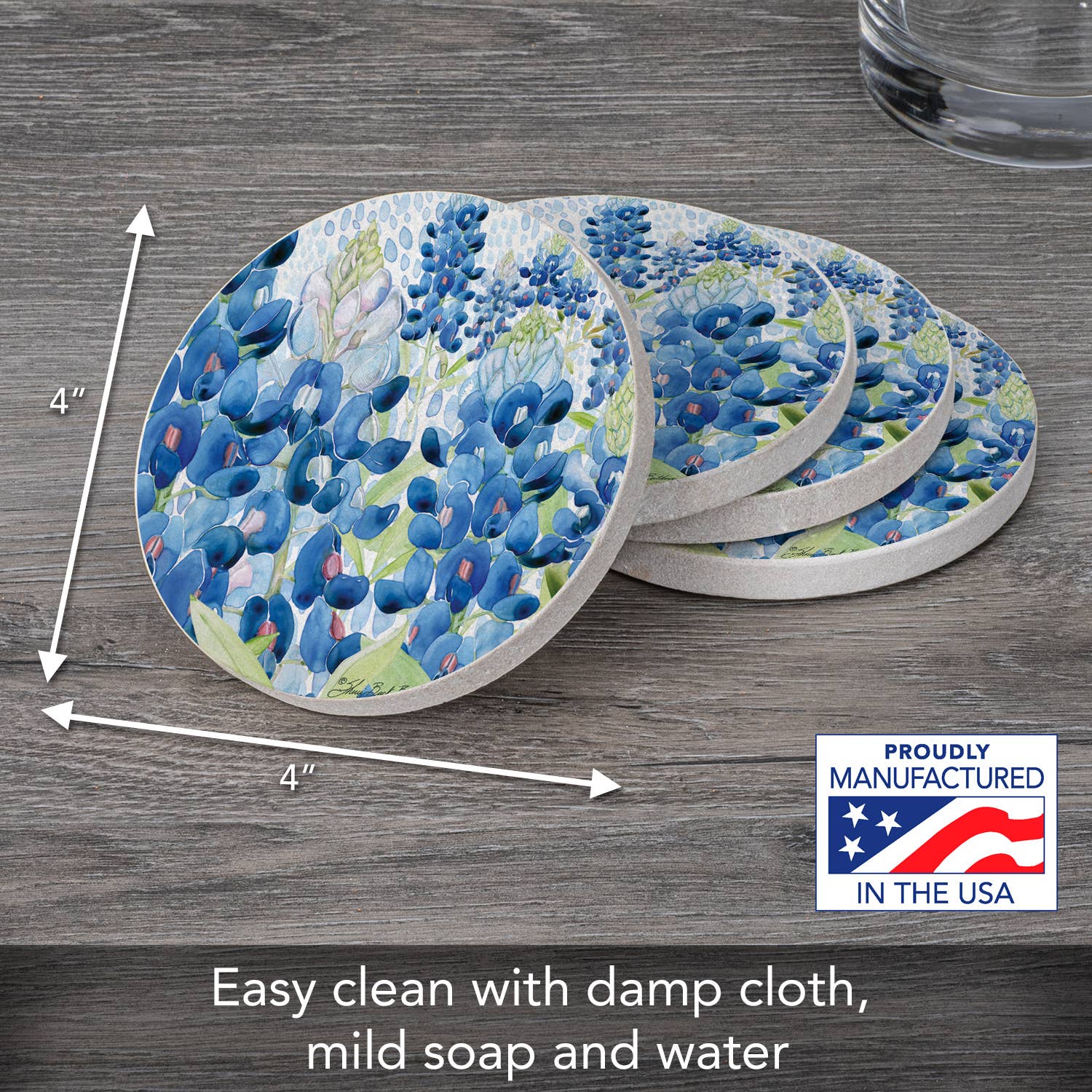 CounterArt/Highland Home/Thirstystone – wholesale Underlägg – ”Bluebonnet Field” 4pk rund naturlig sandstensunderlägg5