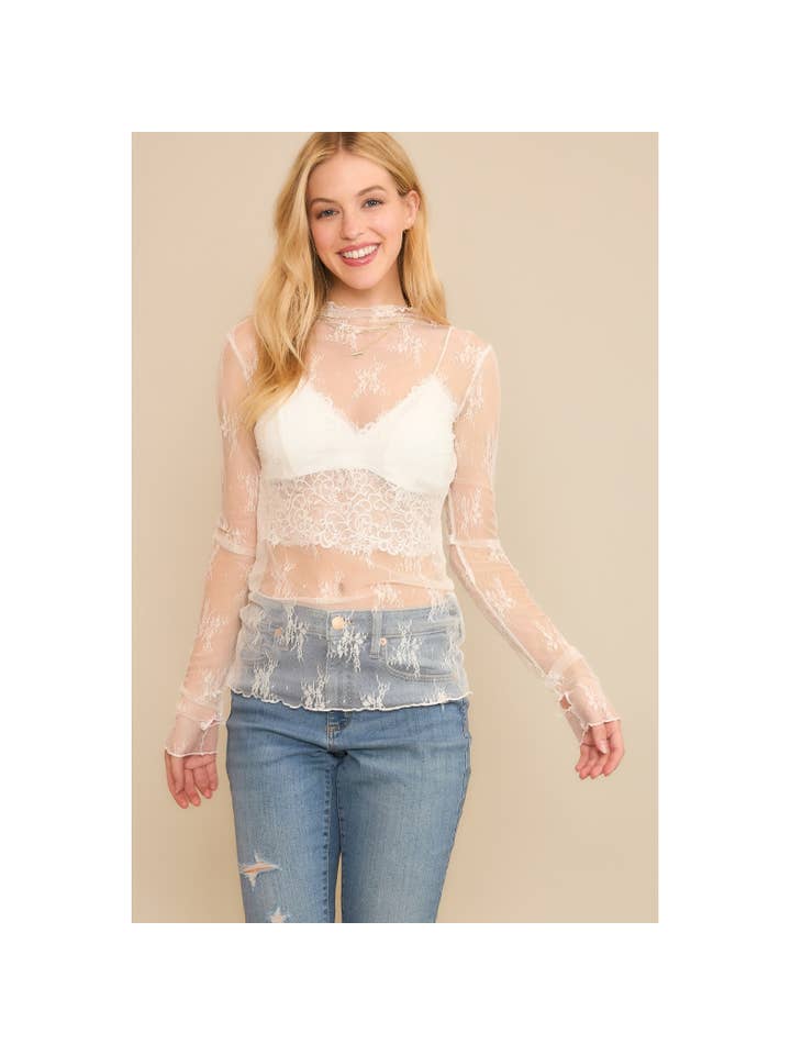 Sweet Generis - Wholesale Knit Top - Women's - MESH LACE HIGH NECK DESIGN LONG SLEEVE FITTED TOP